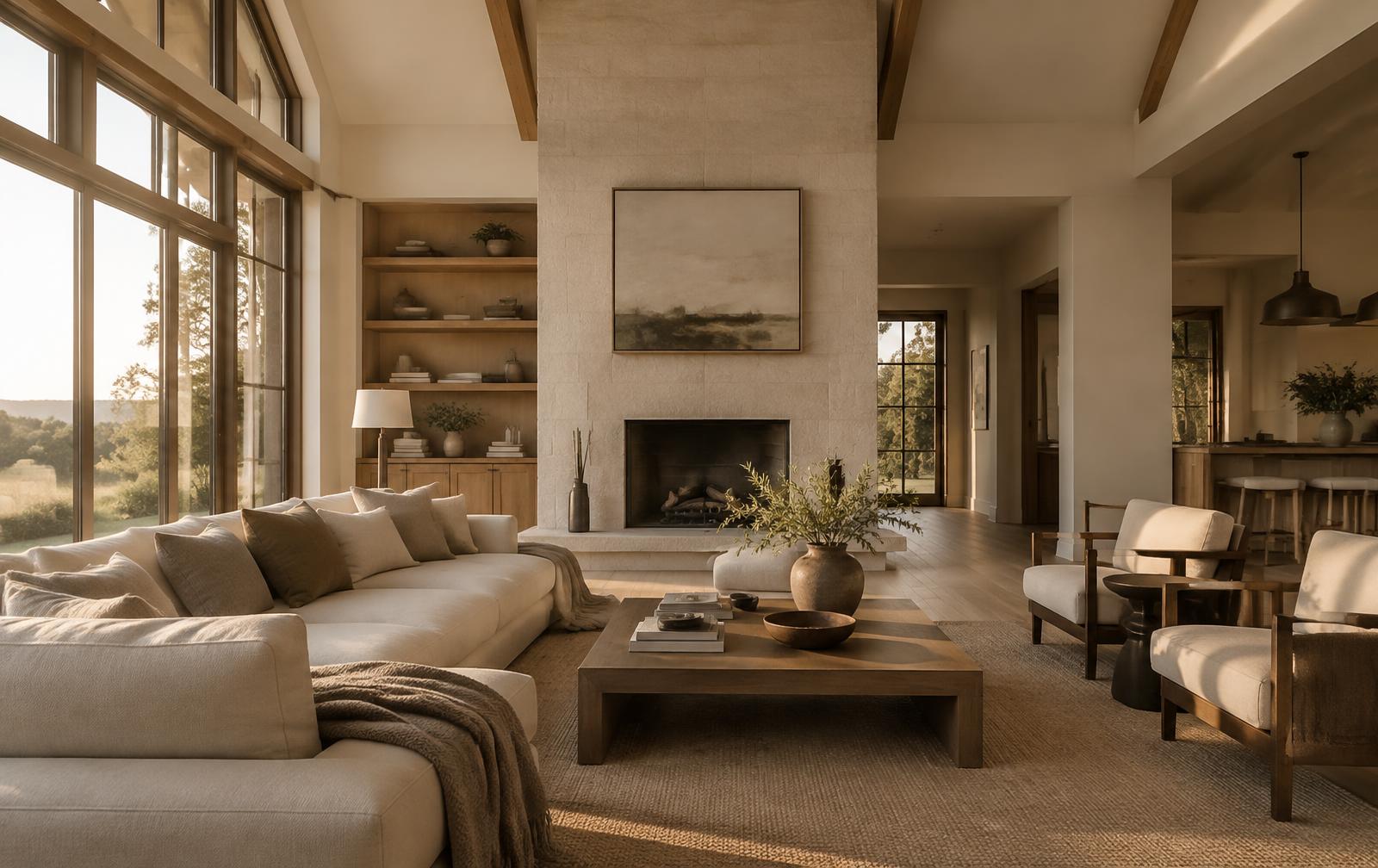 Warm custom home great room with oak and limestone